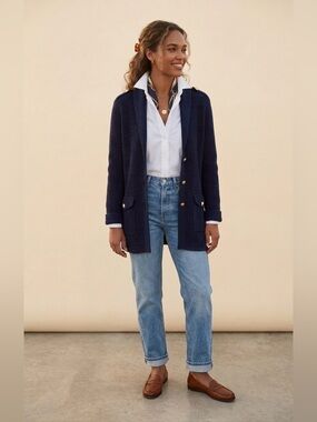 Talbots Navy Blue Shaker Stitch Captain Sleeve Sweater Blazer Size XL Petite